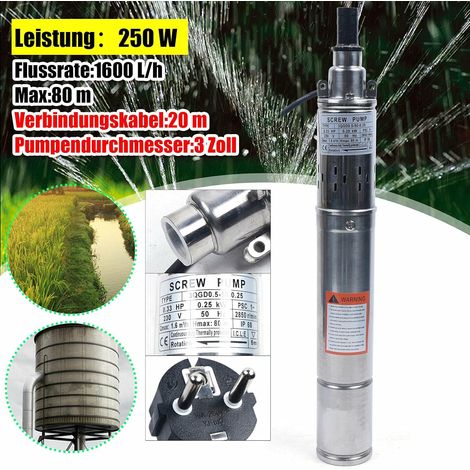 Bomba de pozo profundo 250W Bomba de pozo de tornillo de 3 pulgadas ideal para suministrar agua dulce a viviendas, granjas y cabañas en el campo 1600 L/h (1/5)