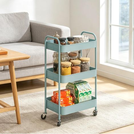 3-stöckiger Servierwagen aus blauem Stahl mit Rollen OKWISH (1/5)