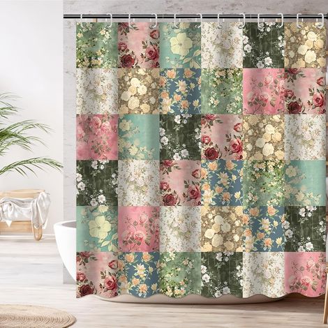 Rideau De Douche - Polyester Imperméable - Vert Vintage Floral Bohème - 180 x 180 cm - Pour Salle De Bain, Camping-Car, Résidence Étudiante (1/5)