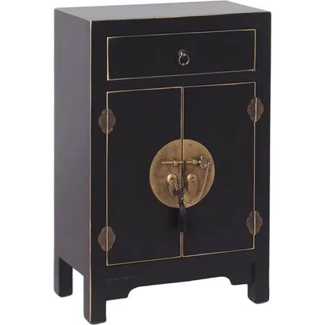 Altobuy – Table d'appoint 2 portes 1 tiroir en épicéa et MDF – Coloris noir – Dimensions 45 x 26 x H69 cm – Poignées métalliques à l'ancienne (1/4)