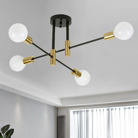 COMELY Lampadario industriale, plafoniera semi-incassata, lampada a sospensione vintage a 4 luci, E27, plafoniera nera e oro per soggiorno, cucina, camera da letto, sala da pranzo, loft (1/5)