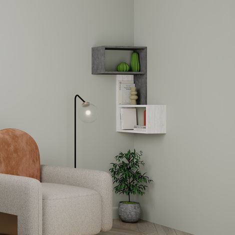 Decortie Part 3-Tier Wall Mounted Corner Shelf Modern Organizer Ancient White Retro Grey 82cm