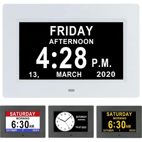 Horloge Numérique LCD 7 Pouces Calendrier, Date, Heure, Fonction Rappel Alzheimer, Écran HD avec Dimmage Automatique (Blanc) (1/5)