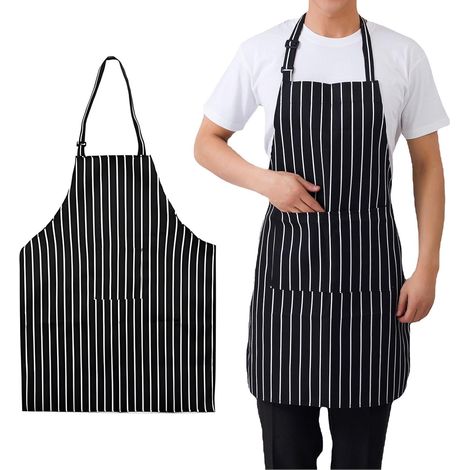 Set di 2 grembiuli da cucina, grembiule regolabile con tasca, grembiule da chef a righe bianche e nere, grembiule da cucina per donne, uomini, cucina, ristorante, bar, giardinaggio, bianco e nero (1/5)