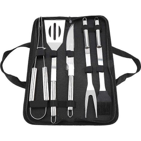 Kit de barbecue 5 pièces en acier inoxydable avec couteau, fourchette, pelle, brosse et pince, et sac Oxford. (1/5)