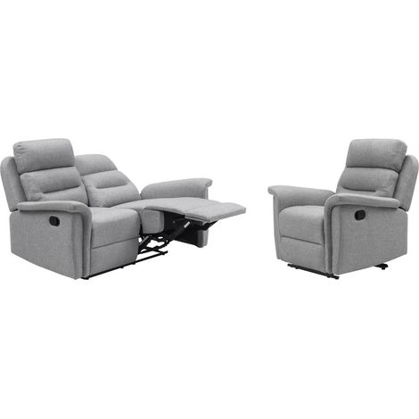 Loungitude – Ensemble canapé relax manuel 2 places – Fauteuil manuel – Tissu gris clair – Inclinaison dossier et repose-pieds – Confort ergonomique