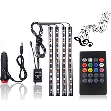 Bandes LED pour voiture, 4 LED USB 48 pouces pour l'intérieur, kit d'éclairage multicolore avec fonction musicale et télécommande pour tableau de bord. (1/5)