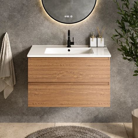 Badezimmermöbel Luma - 80 cm - Warm Eiche - Weißes Waschbecken (1/4)