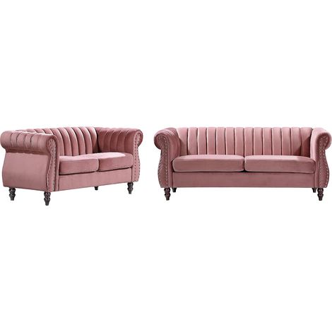 Vente-Unique – Canapé Chesterfield 3 places en velours vieux rose – Déhoussable – Garnissage mousse polyuréthane – Charge max 360 kg – Dimensions 195x78x77cm (1/5)