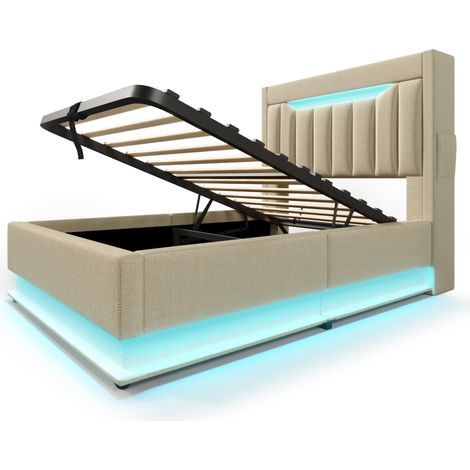 Letto contenitore 90x200 cm in lino beige con LED, USB e USB-C MODENUIT (1/5)