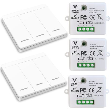 Interrupteur d'éclairage sans fil, interrupteur de sécurité de l'émetteur RF et contrôleur de récepteur 10A, installation facile pour lampe jusqu'à 1500W(3 récepteurs et 2 commutateurs)