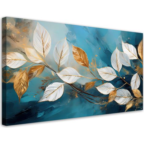 Tableau déco Feuilles blanches sur une branche Turquoise 100x50 (1/5)