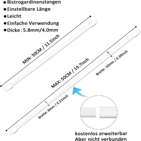 No-drill telescopic curtain rod, extendable 30-50CM, 2 rods, universal rod for cabinets, kitchens, wardrobes, and mesh curtains. (1/5)