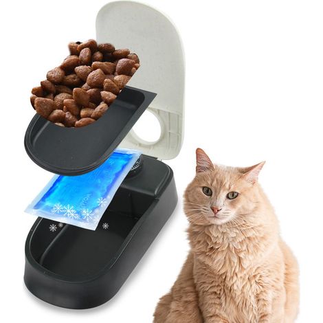 Distributeur automatique de nourriture pour chat et chien avec minuterie programmable 48h et bloc réfrigérant inclus pour garder les repas frais