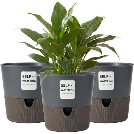 Lot de 3 pots de fleurs auto-arrosants 16,5 cm avec indicateur de niveau d'eau noir (1/5)