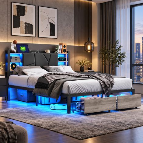 lit 140x200 cm avec 2 Tiroirs, Lit double Bois de Fer avec tête de lit rangement, étagères LED et USB, cadre métal, Sommier à lattes - Noir (1/5)