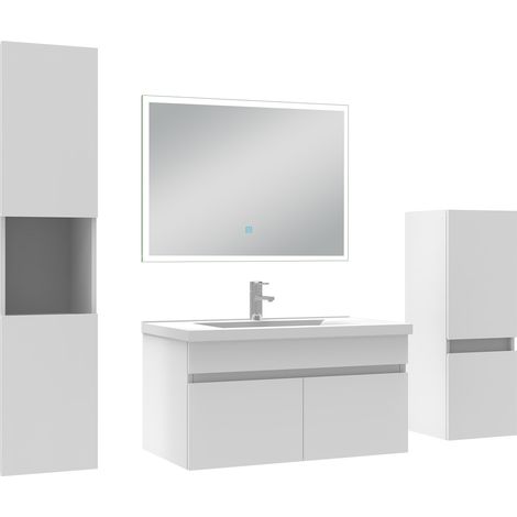 Ocean Ensemble meuble Salle de Bain 80cm avec simple vasque + colonne + miroir lumineux dimmable blanc