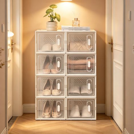 Boîte de rangement à chaussures empilable, étagère modulaire pour chaussures, bibliothèque, organiseur de jouets, armoire, placard de salle de bain (lot de 8 boîtes de stockage uniquement) (1/5)