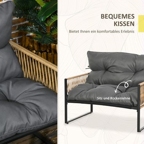 Ensemble de jardin 4 pièces, canapé, 2 fauteuils, table avec plateau en verre, structure métallique, résine tressée, gris anthracite (1/4)
