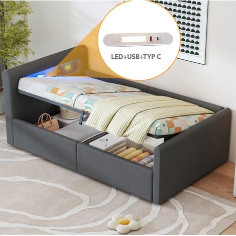 CHICFURN lit enfant capitonné avec rangement hydraulique et LED 90 x 200 cm gris (1/5)