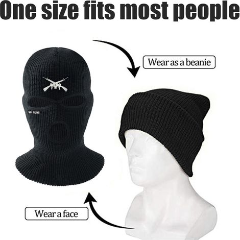 Bonnet tricoté à 3 trous avec broderie, couvre-visage chaud pour le ski, le vélo et la course à pied (blanc). (1/5)