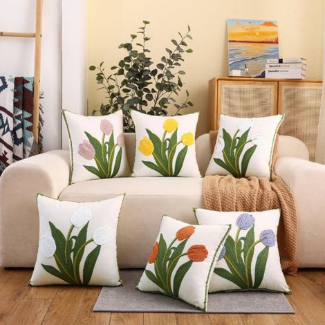 Lot de 2 Housse de Coussin Brodées 45x45cm Taies d'oreiller Fleur de Jardin pour Chambre Canapé Salon Maison Décoration,Orange (1/5)