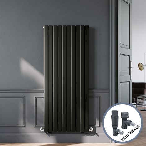 ELEGANT Designer Black Double Panel Vertical Radiator 1600 x 680mm with Anthracite Angled Thermostatic Radiator Valves (1/5)