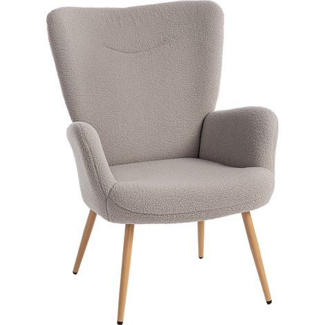 Fauteuil moderne tissu Sherpa dossier haut accoudoirs cadre acier confortable pour salon chambre, gris clair (1/5)
