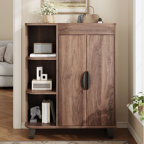 Scarpiera in truciolare noce 80 x 32 x 99 cm con 2 ante, vani aperti e ripiano superiore (1/5)