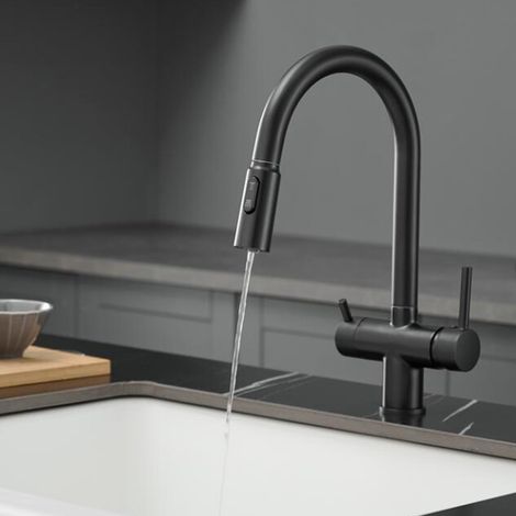 Robinet de Cuisine 3 Voies avec Douchette Extensible Laiton 2 Poignées Mitigeur Rotatif Trou Unique Noir (1/5)