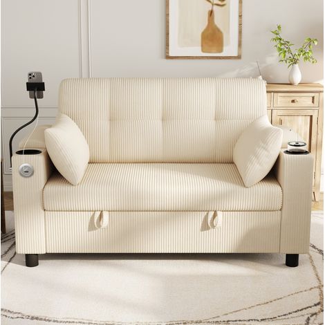 Divano 2 posti in velluto a coste beige con contenitore, USB-C e portabicchieri OKWISH (1/5)