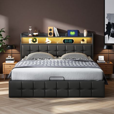 Bett 140 x 190 cm – PU-Stoff – LED UND USB – Bettrahmen mit Stauraum 140 x 190 cm – Schwarz