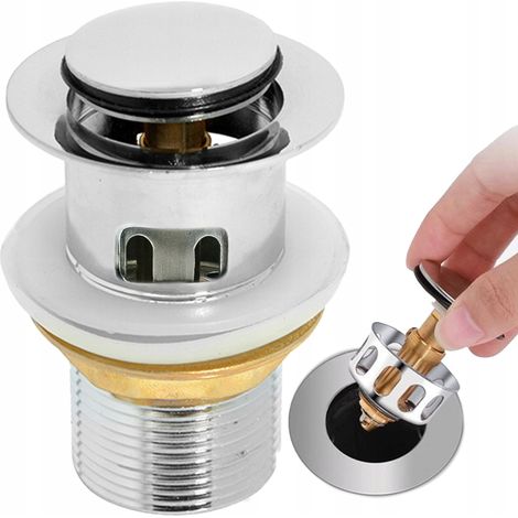 Tapón automático para lavabo con colador y rebosadero, clic-clac completo, color plata. (1/5)