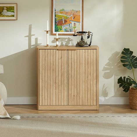 Buffet bas à coins arrondis, 2 portes cannelées et étagères réglables sur 3 hauteurs, 80x40x80 cm, salon et salle à manger - Naturel (1/5)
