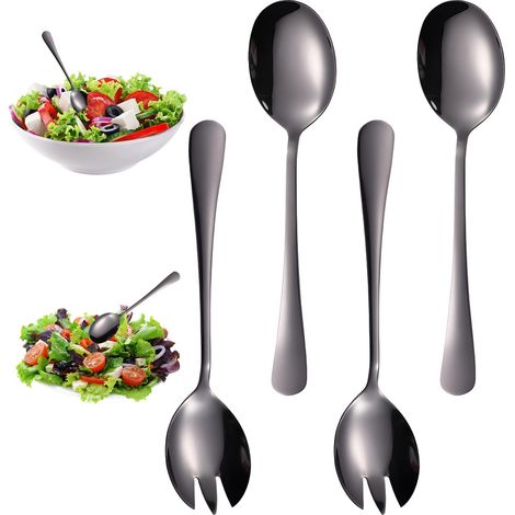Lot de 4 couverts à salade avec 2 cuillères à salade et 2 fourchettes à salade - Ustensiles de cuisine pratiques pour restaurant, maison et pique-nique - Noir (1/5)
