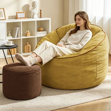 Sessel mit Hocker und Seitentasche Flanellstoff Gelb OKMYHOME (1/5)