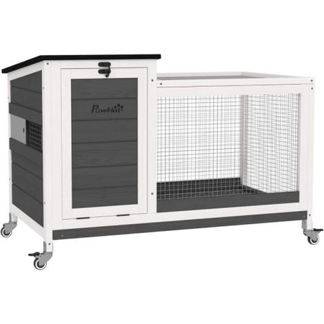 Gabbia per conigli in legno con area giochi, ruote e tetto apribile adatta sia per interni che per esterni dimensioni: 92 x 52 x 67 cm grigio scuro spedizione dal sito. (1/5)