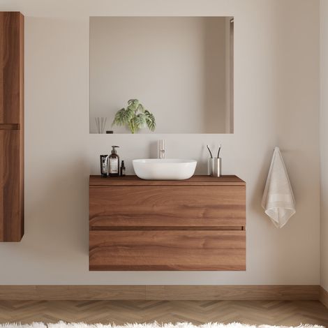 Meuble de salle de bain 90cm avec plateau et vasque à poser arrondie - 2 tiroirs - noyer (bois foncé) - IDA (1/5)