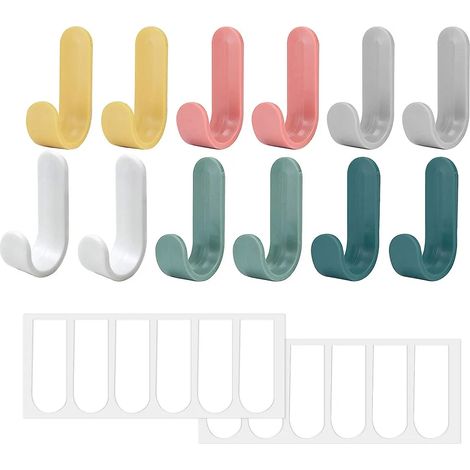 12-teilige bunte selbstklebende Haken, Kunststoff-Wandhaken, robuste Handtuchhaken, Kleiderständerhaken für Badezimmer, Schlafzimmer, Küche, Büro, Tür (1/4)
