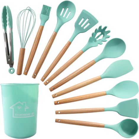 Ustensiles De Cuisine En Silicone - Manche Bois - Résistant Jusqu'à 230 °C - Pour Poêles Antiadhésives - Ensemble De 6 Pièces (1/5)