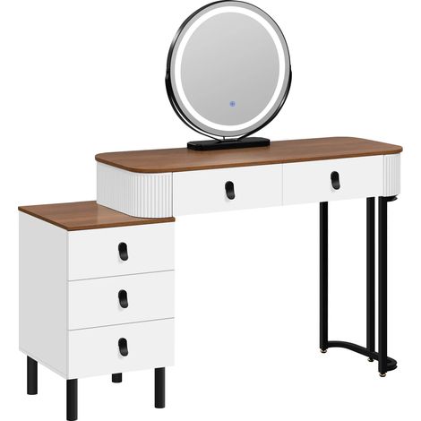 Coiffeuse avec miroir LED dimmable pivotant 360°, bois massif et métal, brun et blanc, 100 x 125 x 40 cm (1/5)