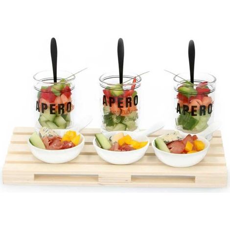 Set Aperitivo Vassoio Pallet + 3 Ciotole + Bicchieri e Cucchiaini Stuzzichini (1/3)