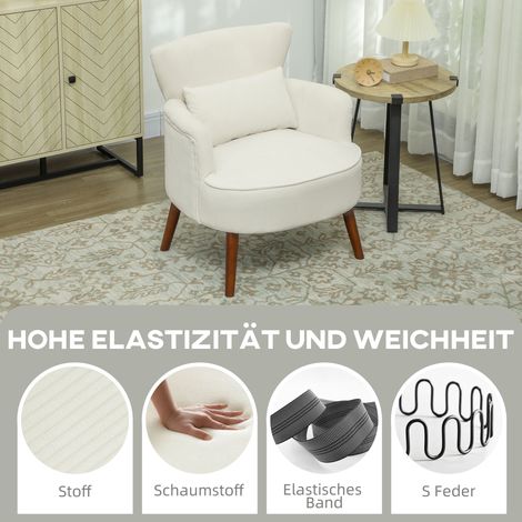 Fauteuil contemporain rembourré avec coussin de soutien lombaire, piètement en bois d'hévéa, couleur blanc crème (1/4)