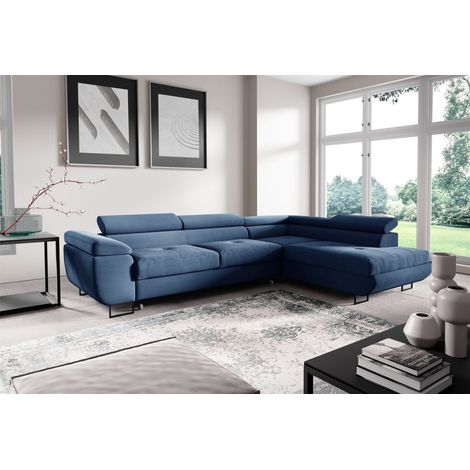 Ecksofa mit Schlaffunktion DECLAN Stoff Poso Blau Ottomane Rechts