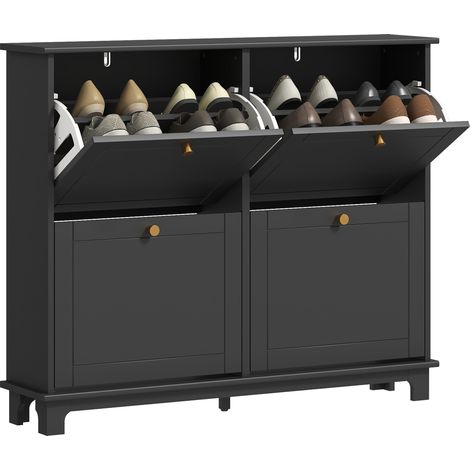 Slim Shoe Storage Cabinet with 4 Flip Drawers and Adjustable Shelves for 16 Pairs of Shoes in Black
