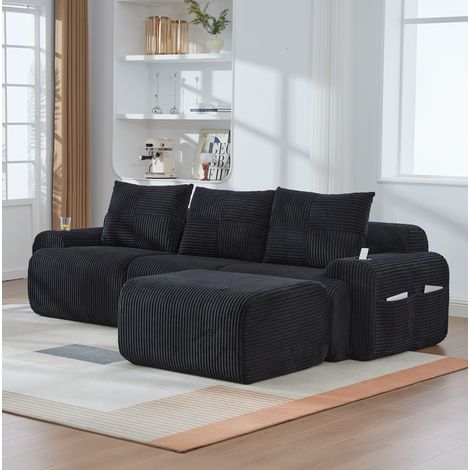 Canapé modulable 3 places en tissu corduroy noir avec porte-gobelet HAVRYA (1/5)