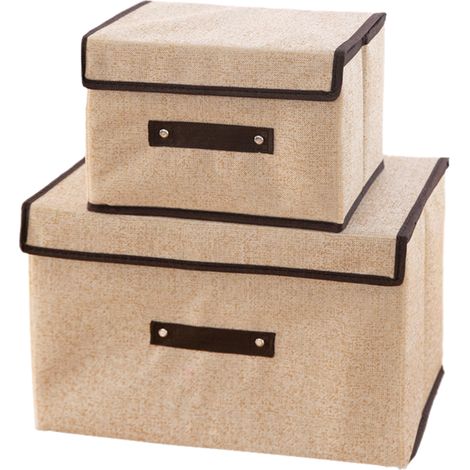 Grand bac de rangement pliable avec couvercle et poignées, en coton et lin
