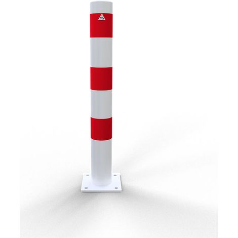 Schake Absperrpfosten ortsfest für Dübelbefestigung aus Stahlrohr verzinkt Ø108x2,5mm weiß mit rot reflektierenden Leuchtstreifen und Stahlkappe 900mm Überflur