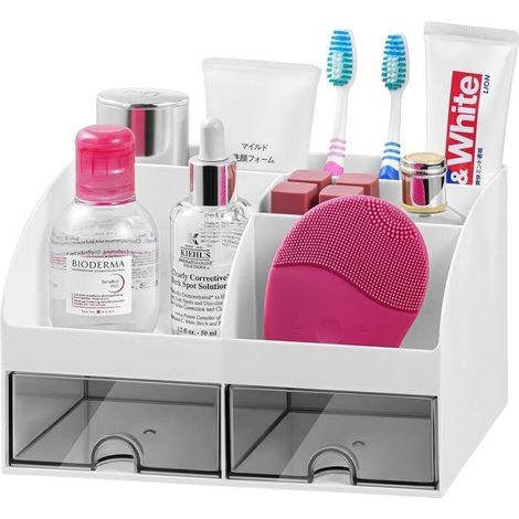 organisateur de lavabo de salle de bain avec 8 emplacements pour dentifrice et tiroirs, organisateur en plastique pour salle de bain pour coiffeuse/maquillage/bureau blanc