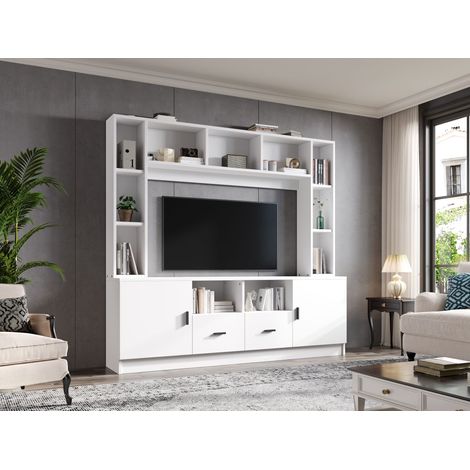 Set de meubles de salon avec téléviseur, comprenant une vitrine, un meuble de présentation pour la télévision, ainsi que des étagères. Le set comprend également 2 armoires (1/5)